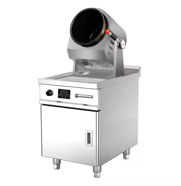 A cutting-edge automatic wok station efficiently stirring and cooking a vibrant stir-fry dish in a professional restaurant kitchen. This intelligent cooking robot ensures consistent wok hei and perfect texture, highlighting advanced Asian cuisine automation and kitchen efficiency solutions.