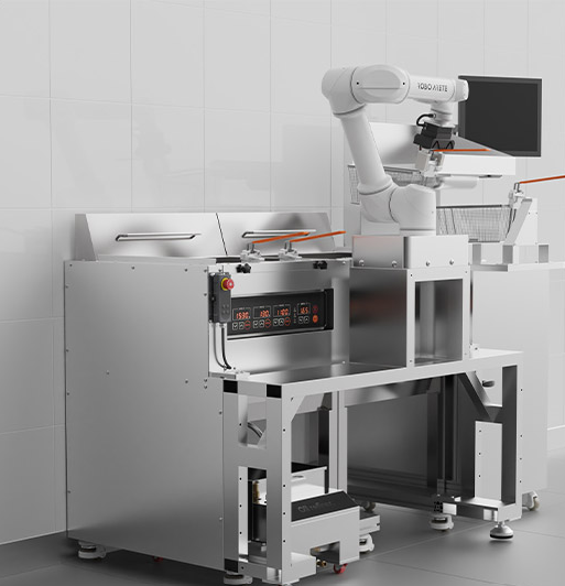 An image showing a Smart Kitchen Frying Robot automatically cooking consistently high-quality fried food (e.g., chicken or fries) for restaurant labor cost reduction. Highlights the future of FoodTech and kitchen automation solutions.